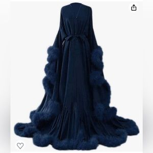 Feathered Glamorous Satin Robe- Navy Blue. Like New.